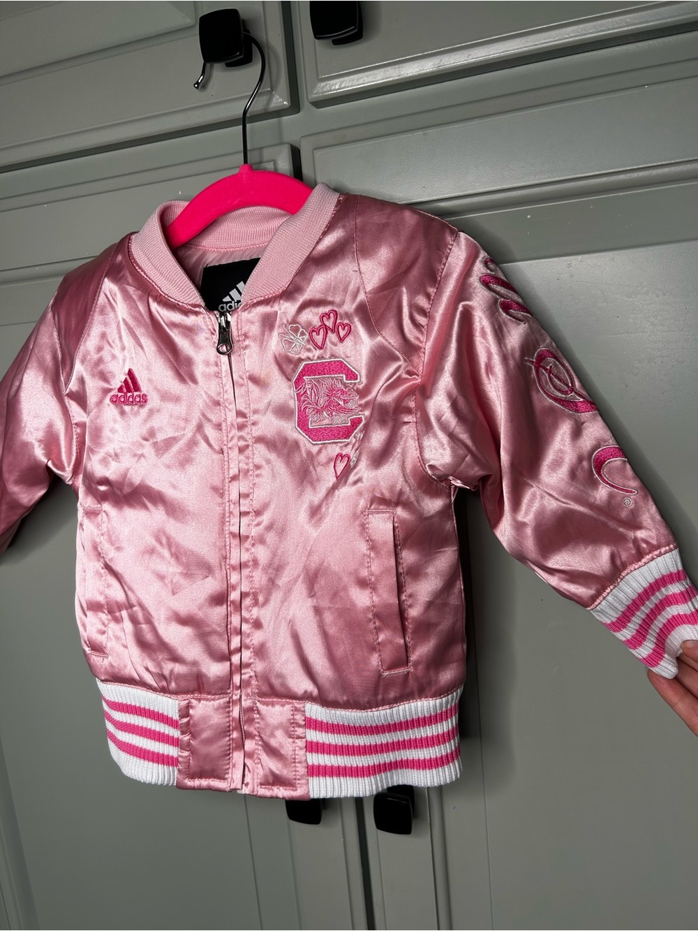 Carolina Gamecocks 2t Adidas Girls' Pink Satin Bomber Jacket - Embroidered